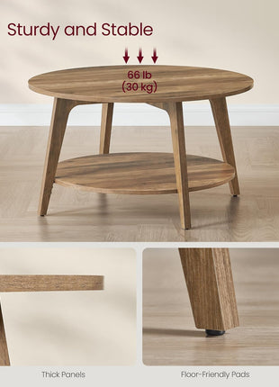 MAEZO Collection Round Coffee Table - 2-Tier Center Table with Storage, Tapered Legs, Curved Transitions, 31.5" Diameter x 17.7" Height, Easy Assembly, Honey Brown Finish for Living Room