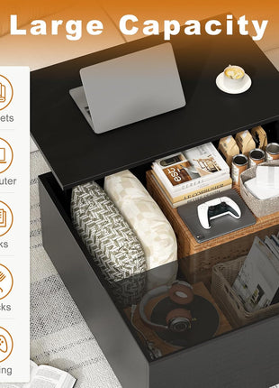 Lift-Top Coffee Table with Concealed Storage, Square Wood Design for Living Room and Home Office, Black Finish