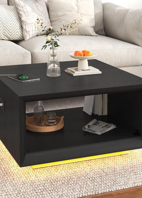 32-Inch Mid-Century Modern Square Coffee Table with Integrated LED Lighting and Power Outlet, Two-Tier Minimalist Design with Storage, Deep Beveled Edge, Black Wood Finish