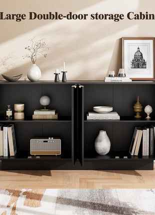 63-Inch Modern Fluted Sideboard Buffet Cabinet with Adjustable Shelves, Console Table Wine Bar Accent Credenza Featuring 4 Doors for Dining Room, Living Room, and Hallway (Black)