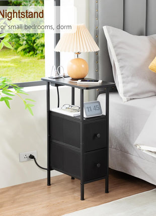 Narrow End Table with Integrated Charging Station - Slim Side Table Featuring Fabric Drawers for Living Room and Bedroom, Perfect for Compact Spaces, Black, Model HETNDP02BK-1