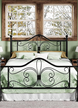 Full Size Metal Bed Frame with Butterfly Pattern Headboard and Footboard, No Box Spring Required, Easy Assembly, Black