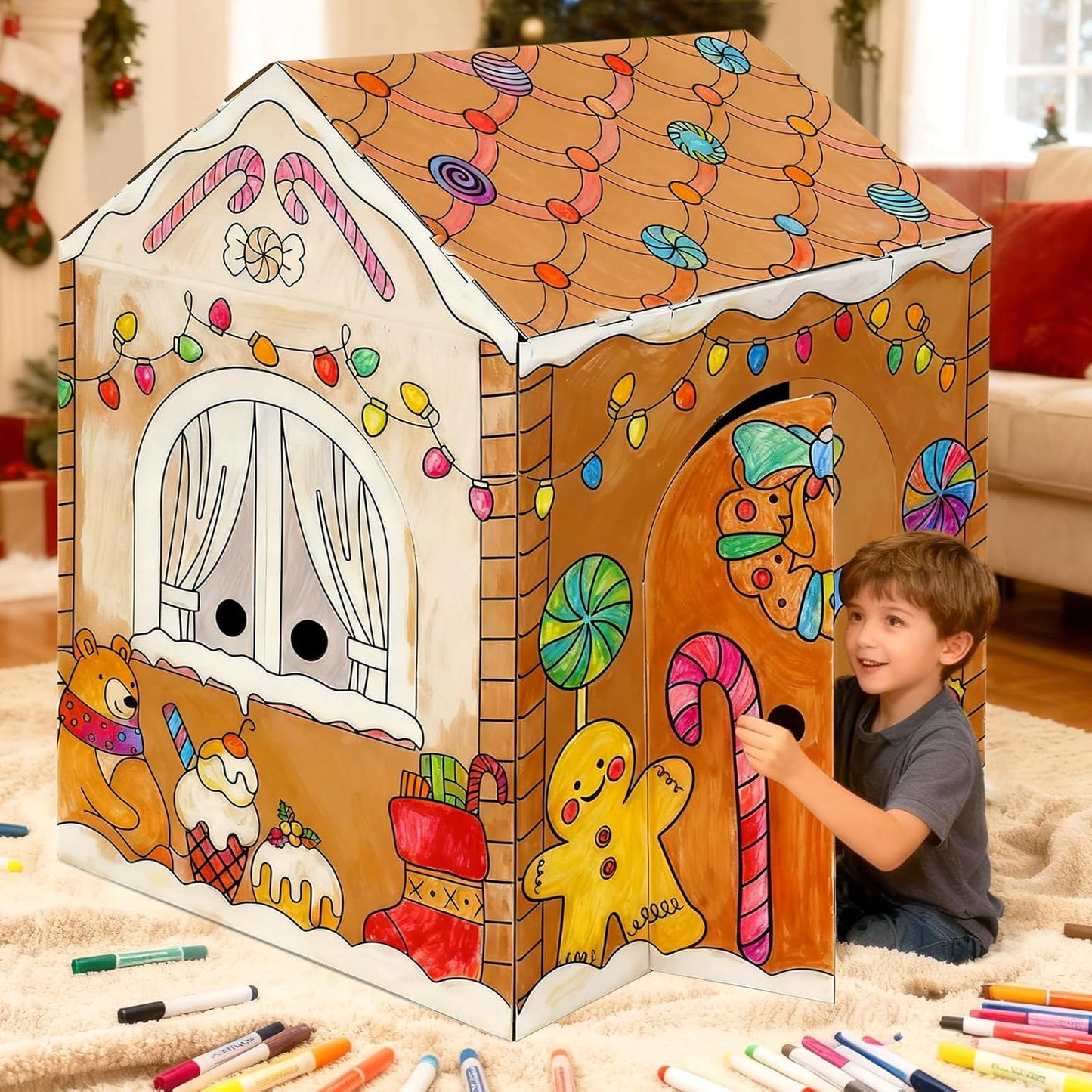 Gingerbread Cardboard House to Color for Kids Toddlers, Large Gingerbread Cardboard Coloring House Playhouse Christmas Arts & Crafts Activity Indoor Fun, 40" X 32" X 26"