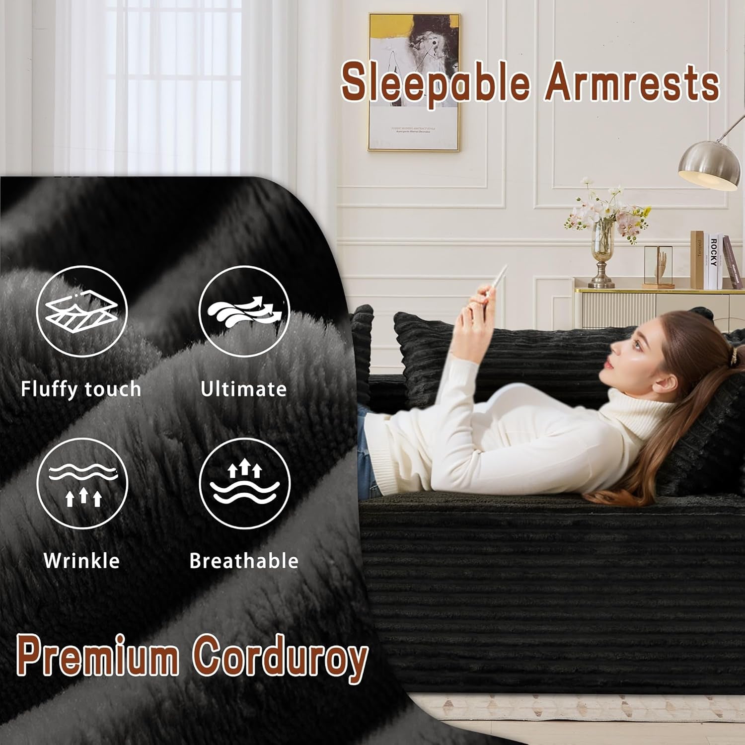 110" Sectional Couches for Living Room, Modular Sectional Sofa with L-Shape Chaise, Cloud Couch, Comfy Corduroy Fluffy Couch with Deep Seat and Side Pockets