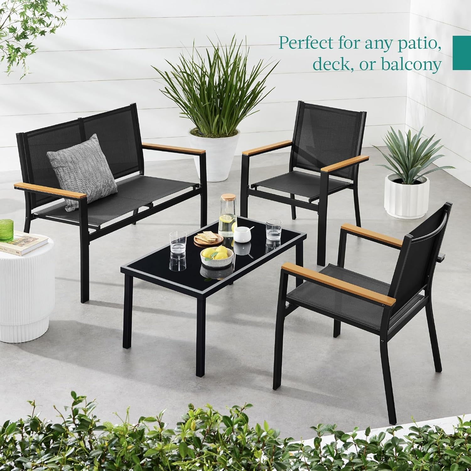 4-Piece Outdoor Textilene Patio Conversation Set, Backyard Furniture W/Loveseat, Coffee Table, Steel Frame - Black/Black