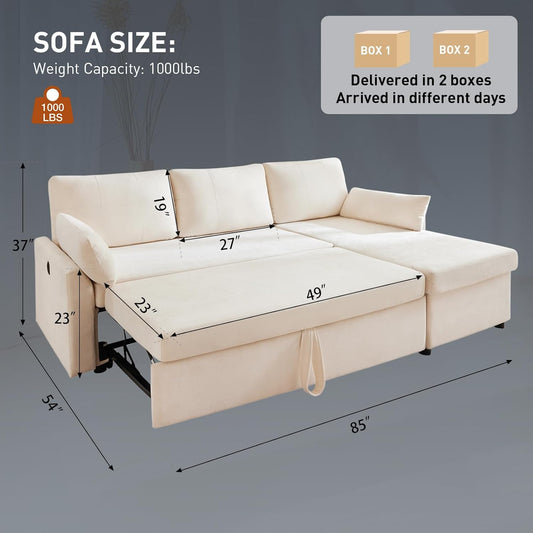 85" L Shaped Sectional Sofa Couch, Pull Out Couch Sleeper Sofa Bed for Living Room, Modular Chenille Deep Seat Sofa, Reversible Chaise, Storage, Side Pockets & Dual Usb/Type-C Ports, Beige