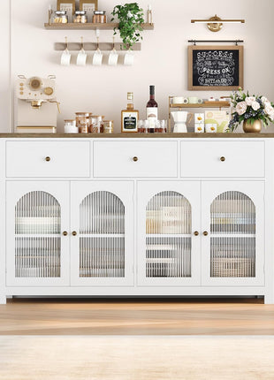 55.1" Large Farmhouse Buffet Cabinet with Storage, Featuring 3 Drawers and 4 Doors, Ideal for Kitchen and Dining Room Use