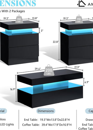 Chic Black 3-Piece LED Coffee Table Set with Charging Stations for Modern Living Spaces