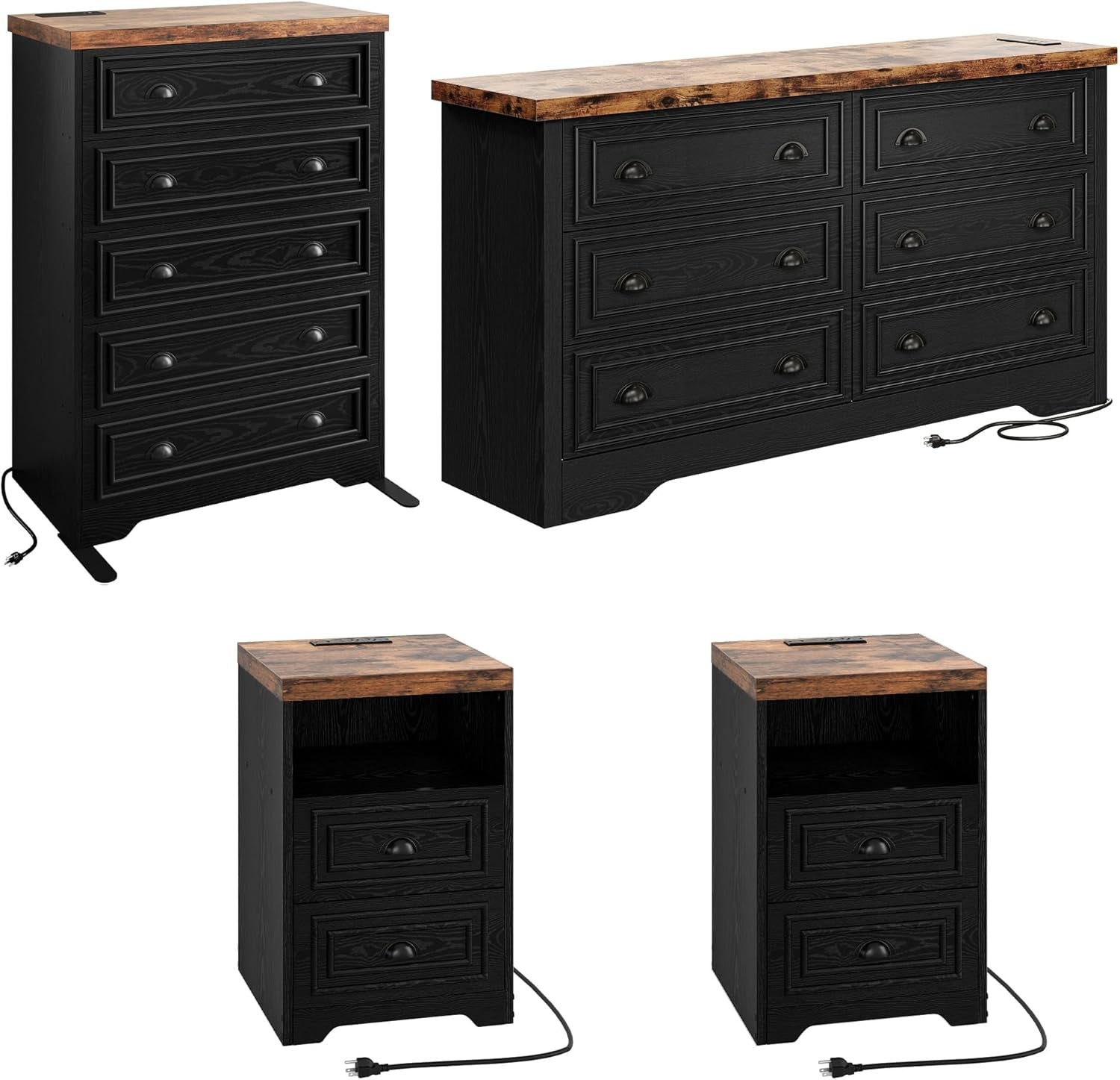 Farmhouse Bedroom Set, Power Strip, 4 Pieces Bedroom Furniture Set, 5 Drawer Dresser & 6 Drawer Dresser and 2 Nightstands, Chest of Drawers Wide Storage Cabinet for Bedroom, Black