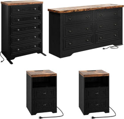 Farmhouse Bedroom Set, Power Strip, 4 Pieces Bedroom Furniture Set, 5 Drawer Dresser & 6 Drawer Dresser and 2 Nightstands, Chest of Drawers Wide Storage Cabinet for Bedroom, Black