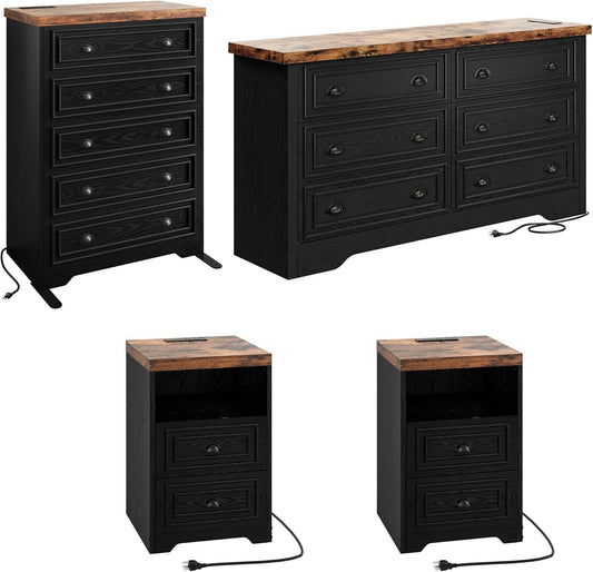 Farmhouse Bedroom Set, Power Strip, 4 Pieces Bedroom Furniture Set, 5 Drawer Dresser & 6 Drawer Dresser and 2 Nightstands, Chest of Drawers Wide Storage Cabinet for Bedroom, Black