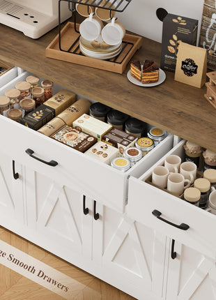 71-Inch Large Pantry Cabinet with Integrated Charging Station, 55-Inch Wide Kitchen Storage Solution Featuring Drawers and Power Outlet, Tall Kitchen Hutch with Countertop in White