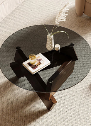 Contemporary Round Coffee Table with Tempered Glass Top, 30.7" x 30.7" x 16.1", Walnut Finish for Living Room Decor