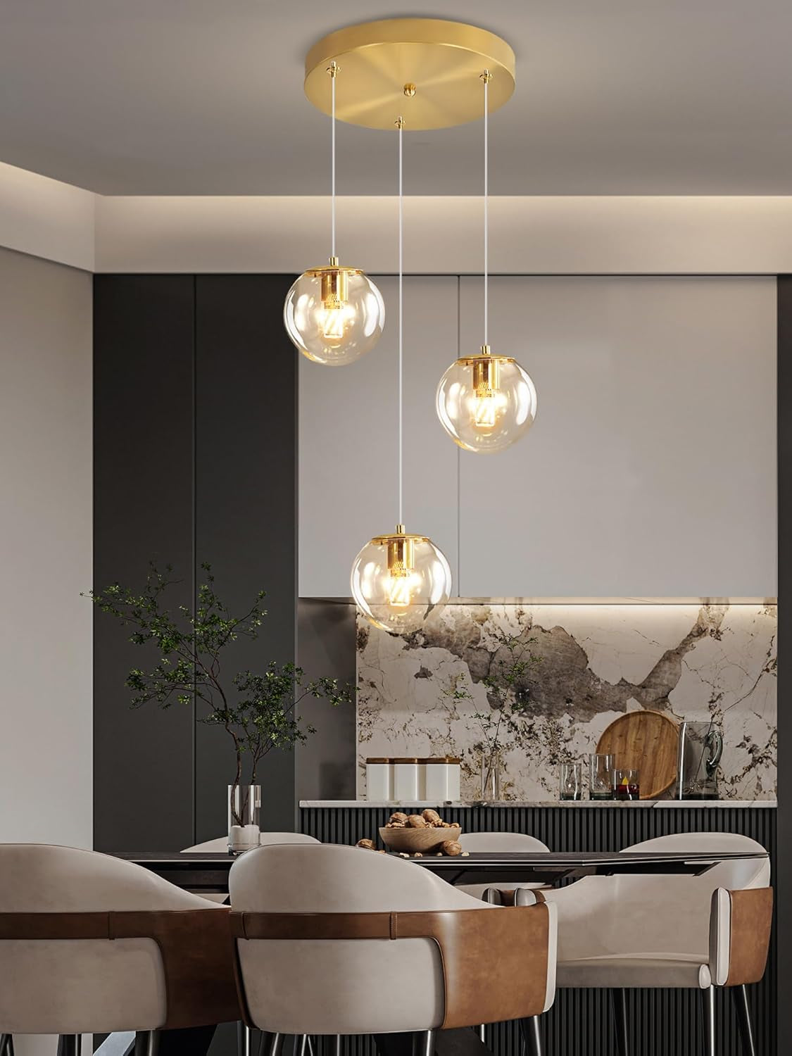3-Light Modern Gold Pendant Light Hanging Fixture Light for Kitchen Island Mid Century Globe Pendant Light Glass Chandelier for Living Room Bedroom Entryway