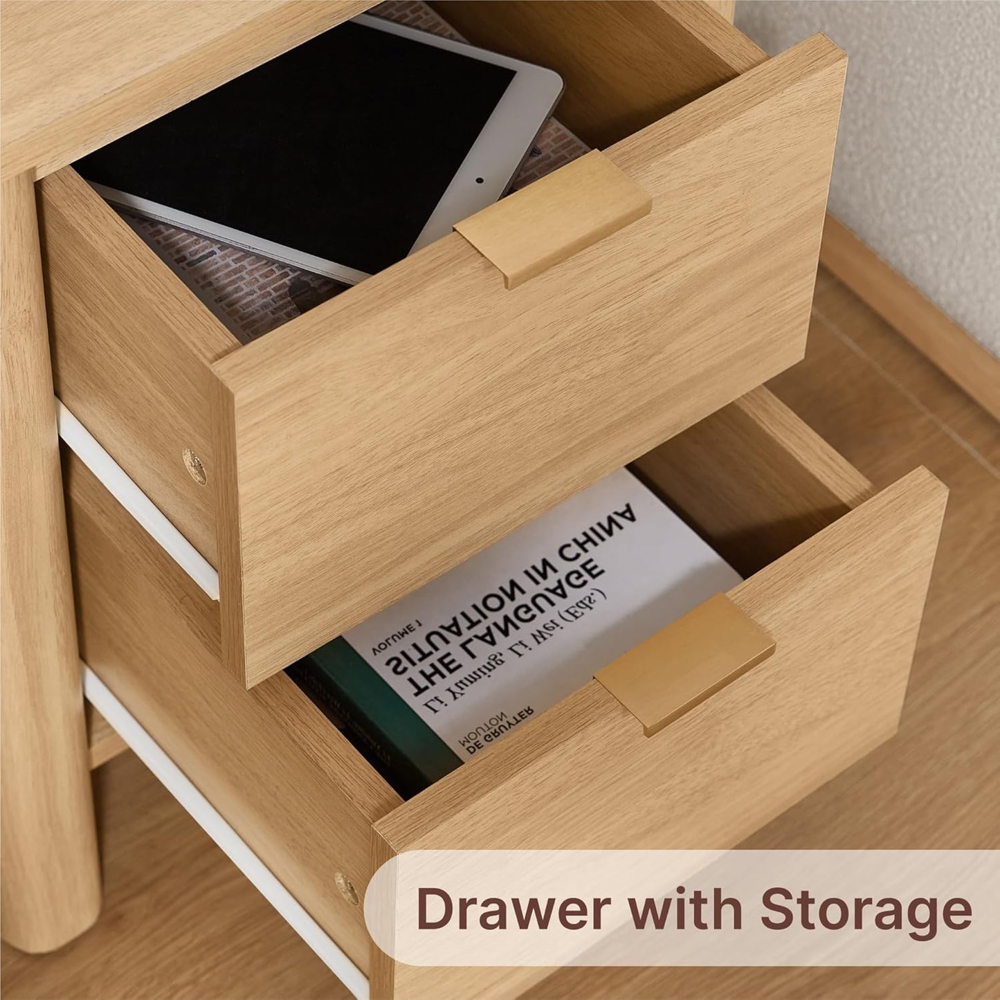 3 Pieces Bedroom Set, Wood Bed Frame with Upholstered Headboard & 2 Nightstands with Storage, Wooden Platform Mattress Foundation Farmhouse Bedroom Furniture Set