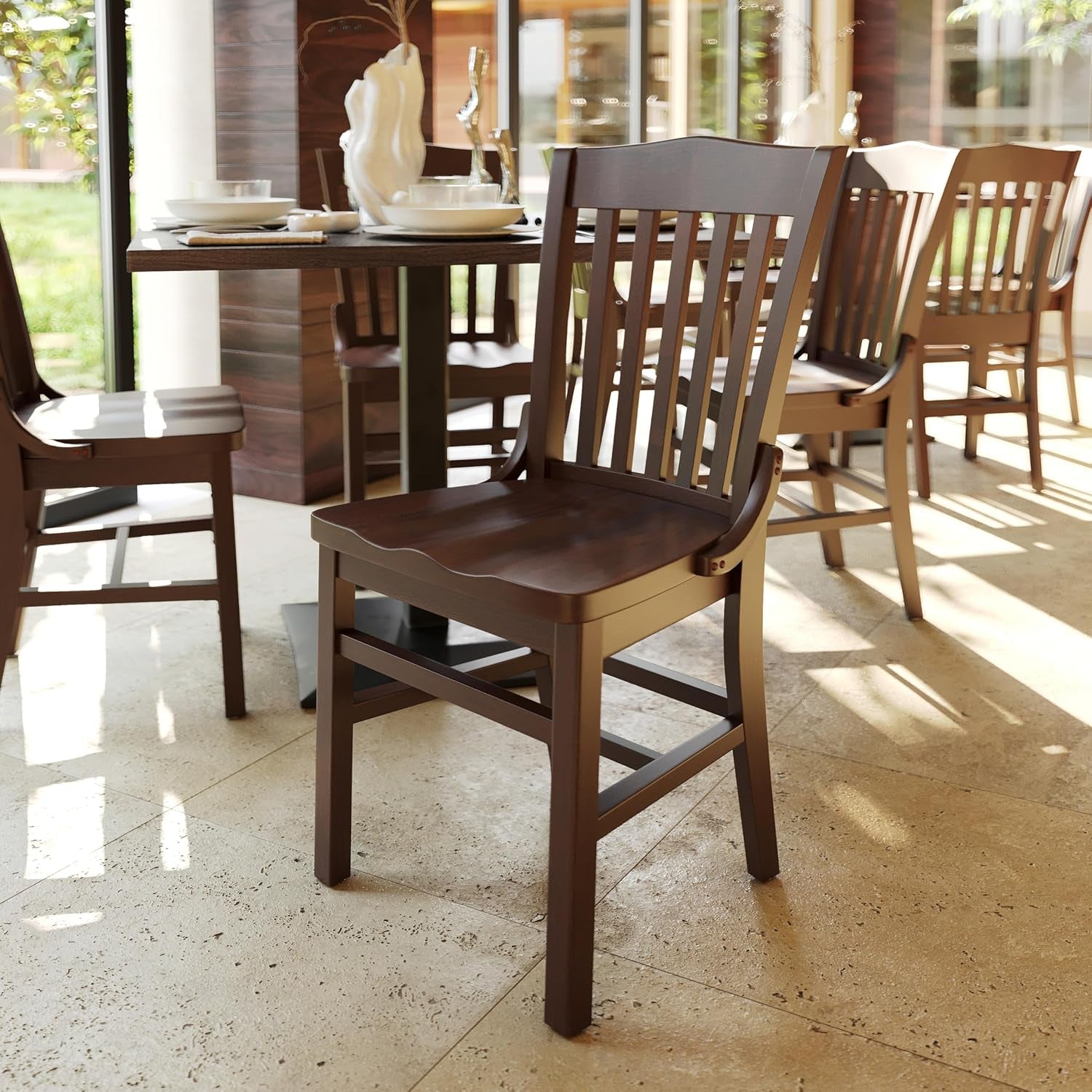 Hercules Series School House Back Mahogany Wood Dining Chair, Traditional Elegant Wood Restaurant Chair, Walnut Wood