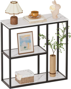 Console Table, 12 Inch Narrow Entryway Table for Living Room, 31.5 Inch Modern Industrial Sofa Table with 3-Tier Storage Shelves for Corridor, Hallway, White Marble