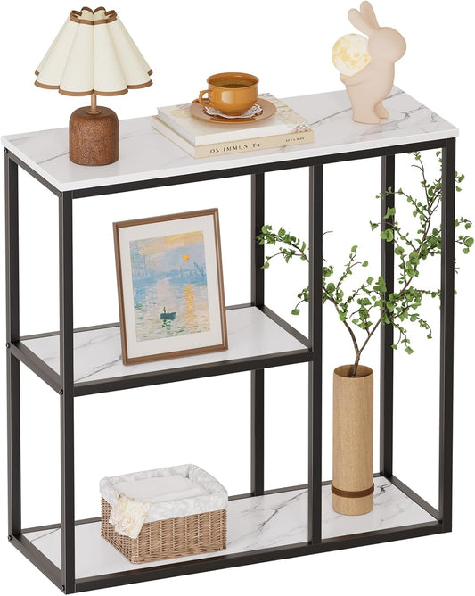 Console Table, 12 Inch Narrow Entryway Table for Living Room, 31.5 Inch Modern Industrial Sofa Table with 3-Tier Storage Shelves for Corridor, Hallway, White Marble