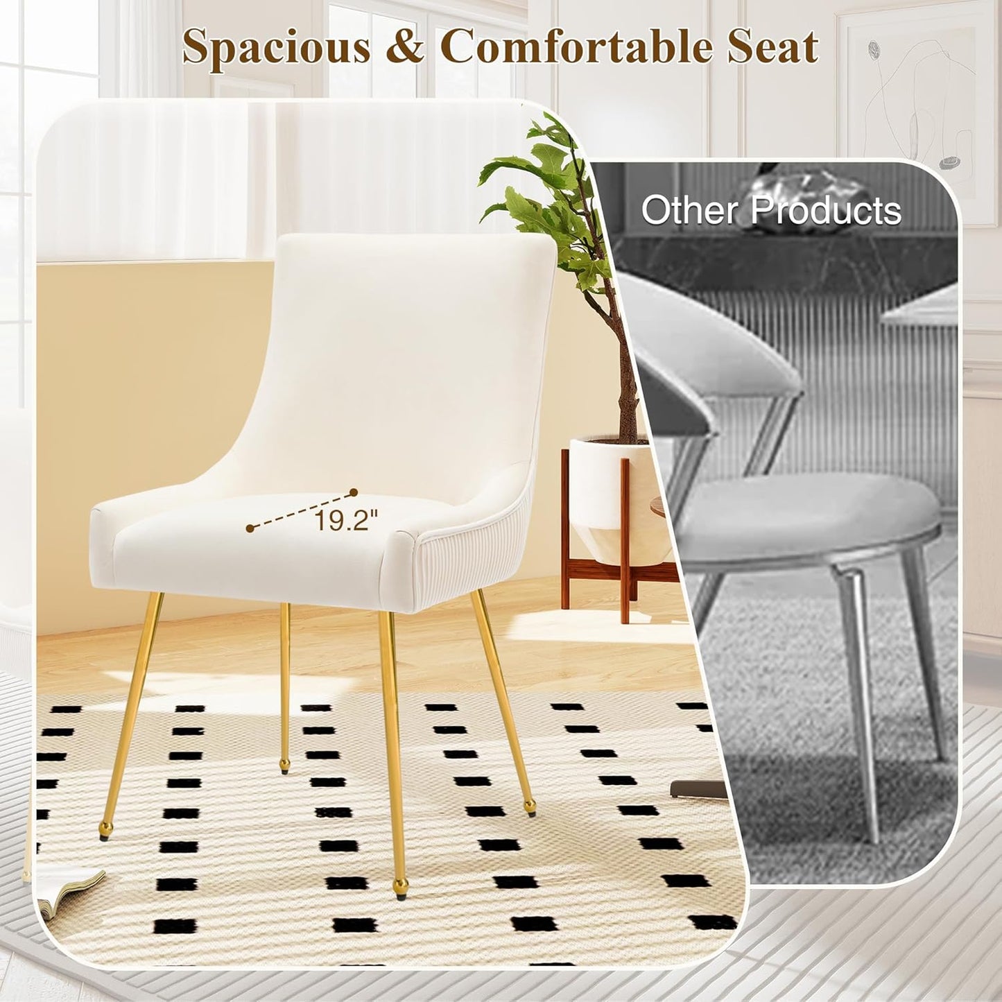 Velvet Dining Chairs Set of 2 with Gold Metal Legs, Modern Upholstered Kitchen Chair with Pull Handle & Pleated Back, Mid Century Accent Chair for Vanity,Dining,Kitchen,Living Room, Beige