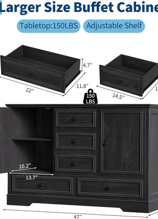 47" Modern Farmhouse Buffet Cabinet with 5 Drawers and Adjustable Shelves, Versatile Sideboard Storage for Dining Room and Kitchen, Black Finish
