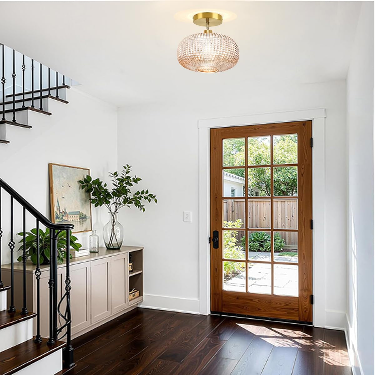 Semi Flush Mount Ceiling Light,Vintage Ceiling Light Fixture,Hallway Lighting Fixture with Amber Glass Shade,Globe Glass Light Fixture,Kitchen Lighting Fixtures Ceiling for Bedroom,Bathroom,Porch