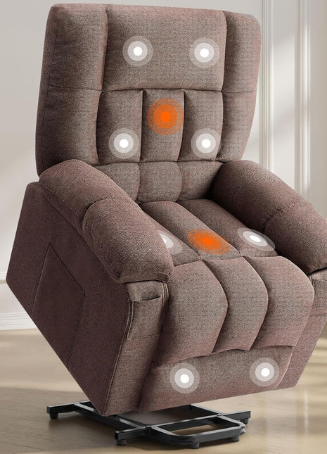 Ergonomic Power Lift Recliner Chair with Vibration Massage and Heat, Overstuffed Breathable Fabric, Side Pockets, and Remote Control for Living Room and Bedroom, Brown