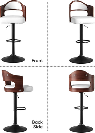 Set of 2 Contemporary Swivel Bar Stools with Backrest and Footrest, Wooden Upholstered PU Leather, Counter Height for Kitchen Island, White