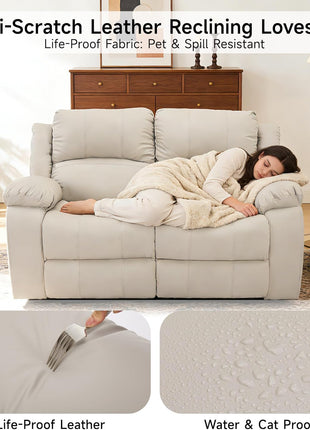 Reclining Loveseat Sofa in Beige Leather with Side Pocket for Living Room, RV, and Home Theater