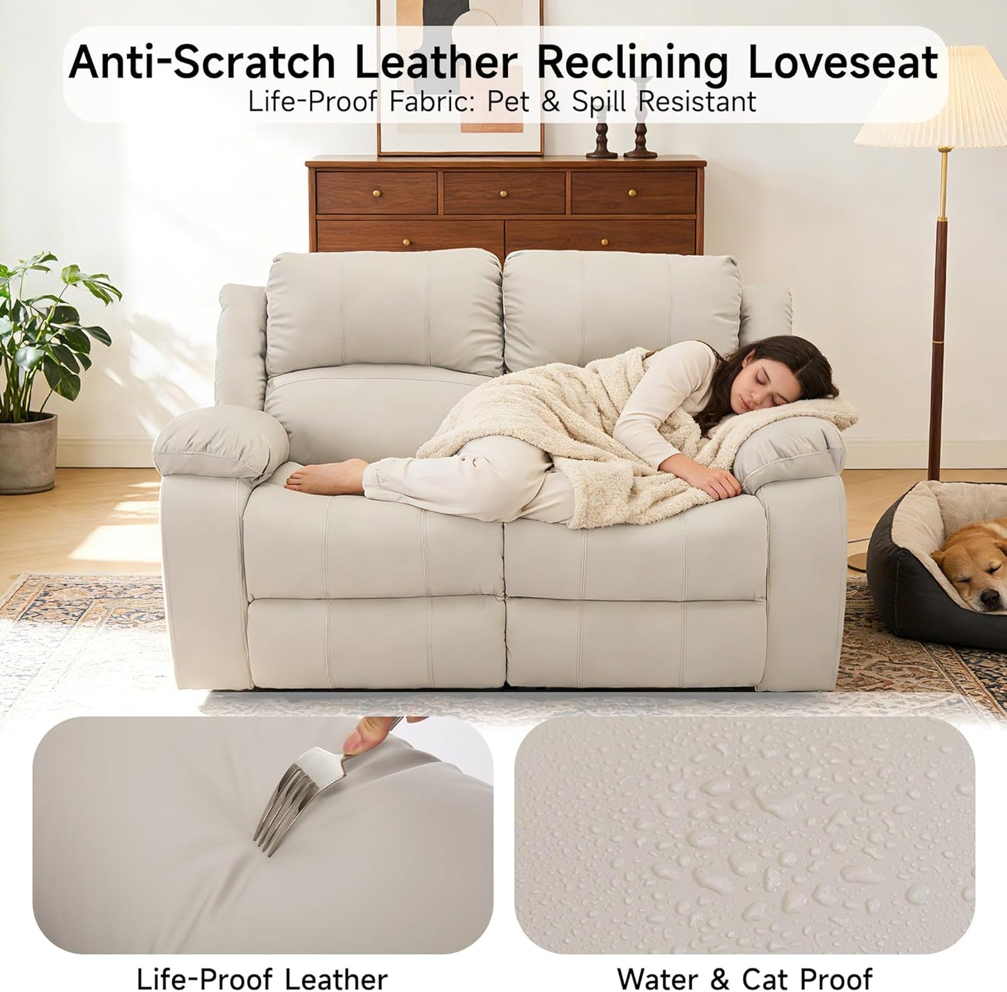 Reclining Loveseat Recliner Sofa, 2 Seat Leather Recliner Couch with Side Pocket for Living Room, RV, Home Theater(Loveseat,Beige)