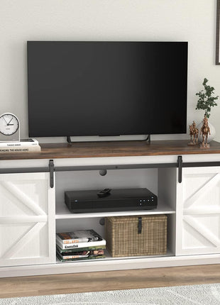 65-Inch Mid-Century Modern TV Stand with Storage Cabinets and Sliding Barn Doors in Bright White