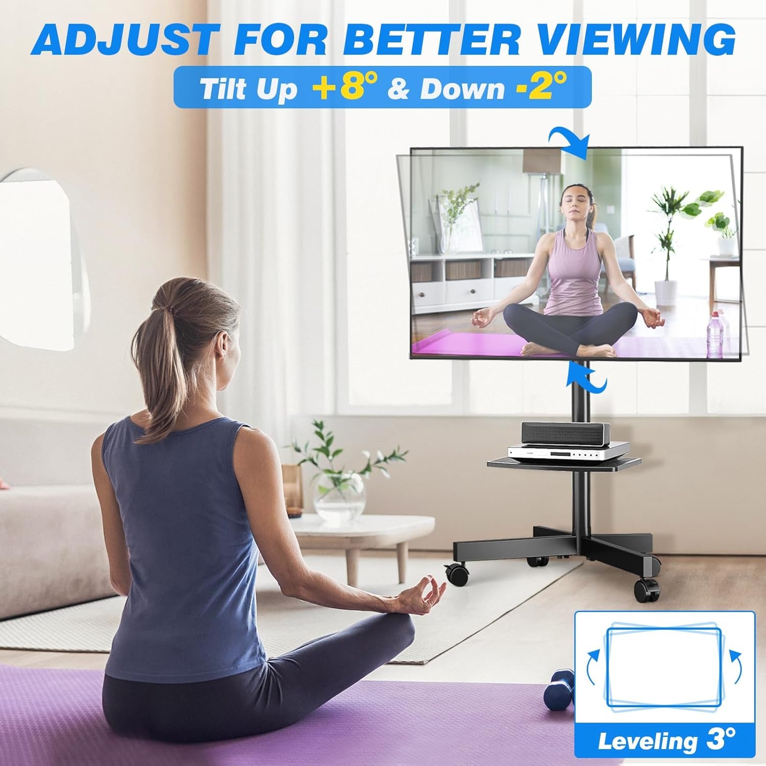 Rolling TV Stand with Shelf for 23-65 Inch Tvs up to 88Lbs, Portable Mobile TV Cart with Silent Wheel, Tilt & Height Adjustable Universal Corner TV Stand for Bedroom, Living Room, Office