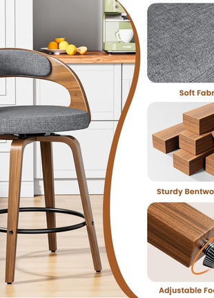 Set of 4 Mid-Century Modern 26" Upholstered Linen Fabric Swivel Bar Stools with Bentwood Legs and Back for Kitchen Island and Dining Room, Grey