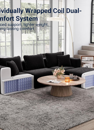 141" 6-Seat Modular Sectional Sofa in Stylish Black Corduroy – Zero Assembly Required, Ideal for Family Gatherings