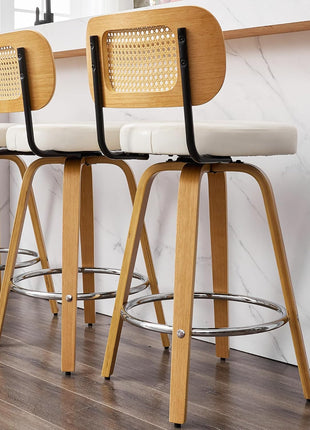 Set of 2 Mid-Century Modern Natural Rattan Bar Stools with Upholstered PU Leather, 26” Counter Height, Backrest, Wood Legs, and 360° Swivel for Kitchen Island, Dining Room, and Bar (White)