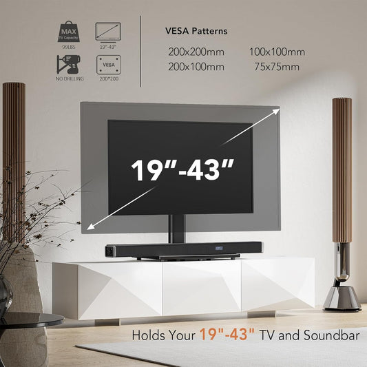 Universal Swivel TV /Table Top TV Stand for 19 to 43 Inch Tvs with 90 Degree Swivel, 4 Level Height Adjustable, Heavy Duty Tempered Glass Base, Holds up to 99LBS HT02B-001