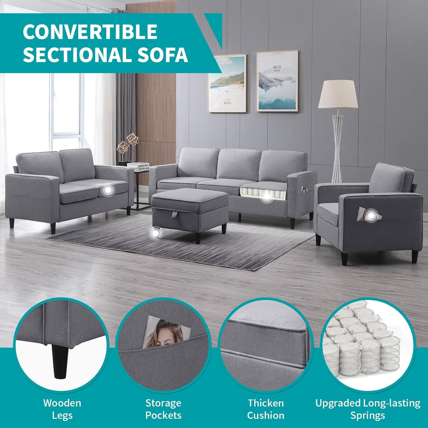 78" 4 Piece Living Room Sofa Set, 3 Seater Sofa with Storage Ottoman and Loveseat and Armchair Furniture Set, Modern Linen L Shaped Sectional Couch for Living Room Apartment (Light Grey)