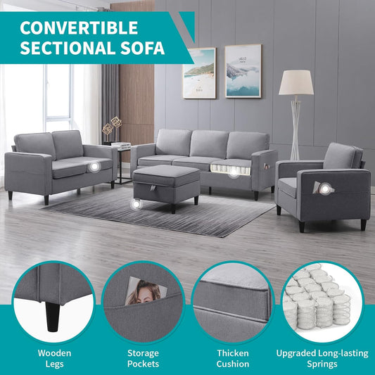 78" 4 Piece Living Room Sofa Set, 3 Seater Sofa with Storage Ottoman and Loveseat and Armchair Furniture Set, Modern Linen L Shaped Sectional Couch for Living Room Apartment (Light Grey)