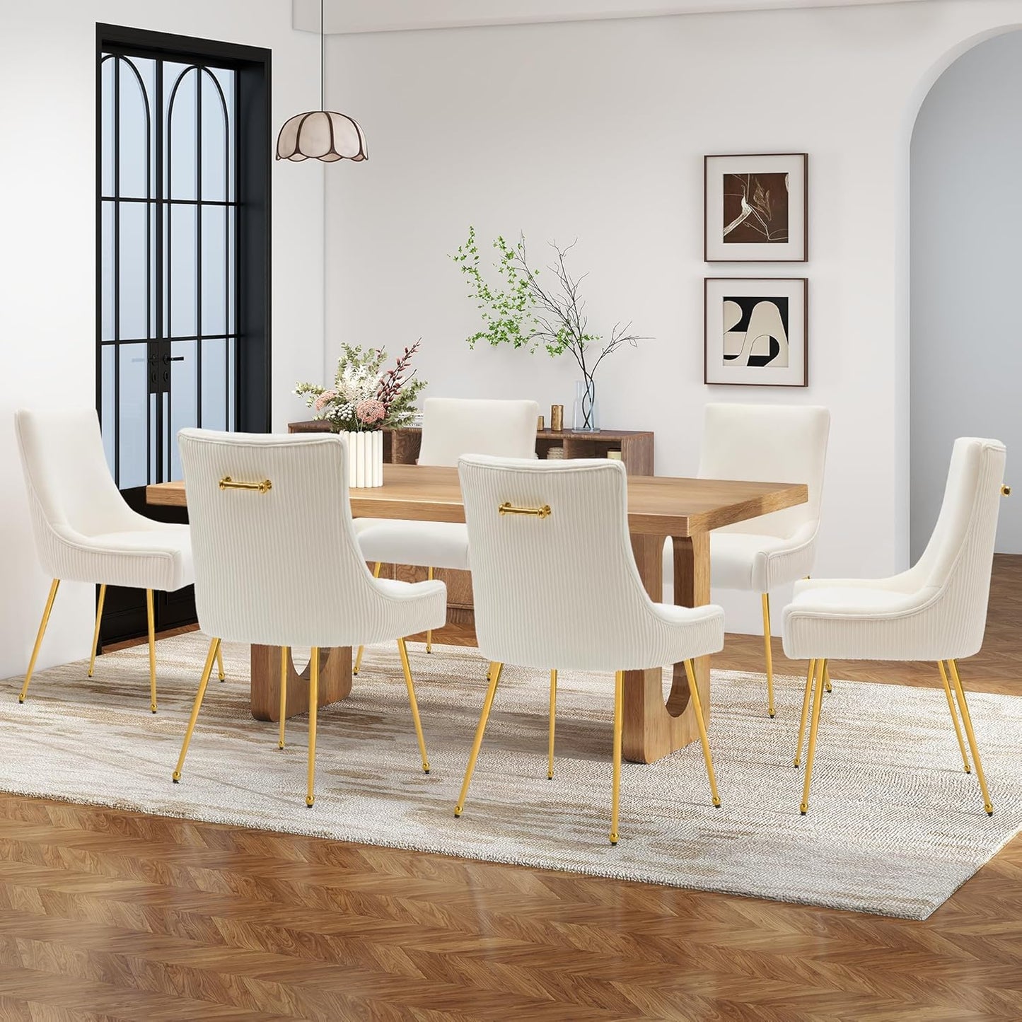 Velvet Dining Chairs Set of 2 with Gold Metal Legs, Modern Upholstered Kitchen Chair with Pull Handle & Pleated Back, Mid Century Accent Chair for Vanity,Dining,Kitchen,Living Room, Beige