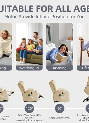 Premium Electric Power Lift Recliner Chair for Seniors with Massage and Heat Features, Includes Cup Holders, Remote Control, USB Ports, Side Pockets, Leather Finish (Cream)