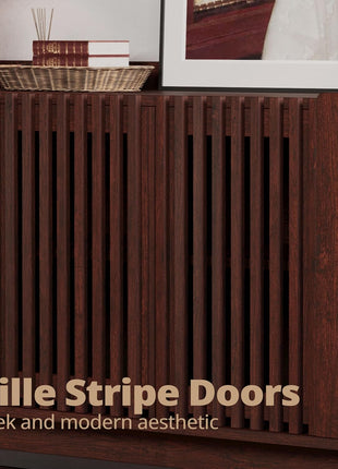 63" Mid-Century Storage Cabinet with Grille Doors and Adjustable Shelves in Natural Red Walnut for Kitchen, Dining Room, and Entryway