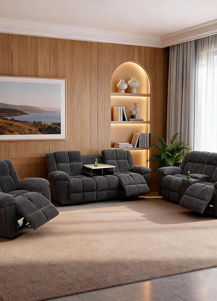 3-Piece Sectional Recliner Sofa Set with Storage and Cup Holders in Dark Grey - Corduroy Living Room Furniture for Home or Office