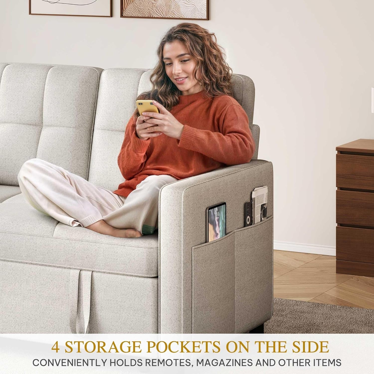 55" Convertible Sofa Bed, 3-In-1 Sleeper Sofa with Pull-Out Bed, Linen Futon Couch with Adjustable Backrest and Side Pocket, Modern Loveseat for Living Room Apartment, Light Beige