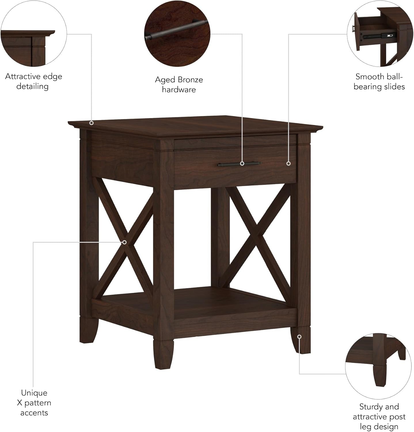 End Table with Drawer, Nightstand with Storage, Living Room and Bedroom Furniture, Key West Collection, Bing Cherry