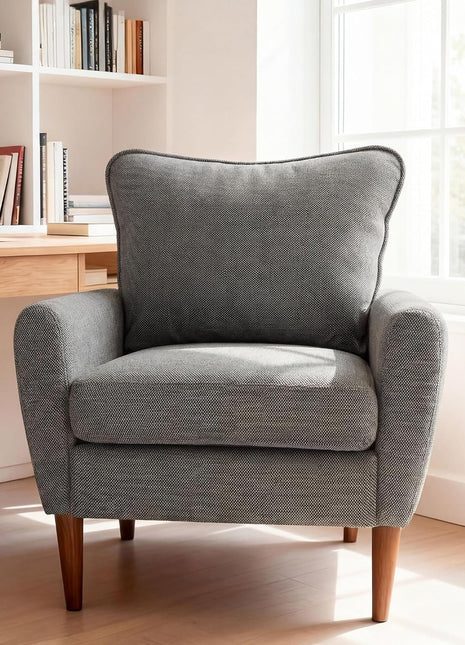 Upholstered Mid-Century Accent Chair for Living Room, Bedroom, and Waiting Areas with Pillow and Solid Wood Legs, Modern Wide Single Lounge Sofa (Gray)