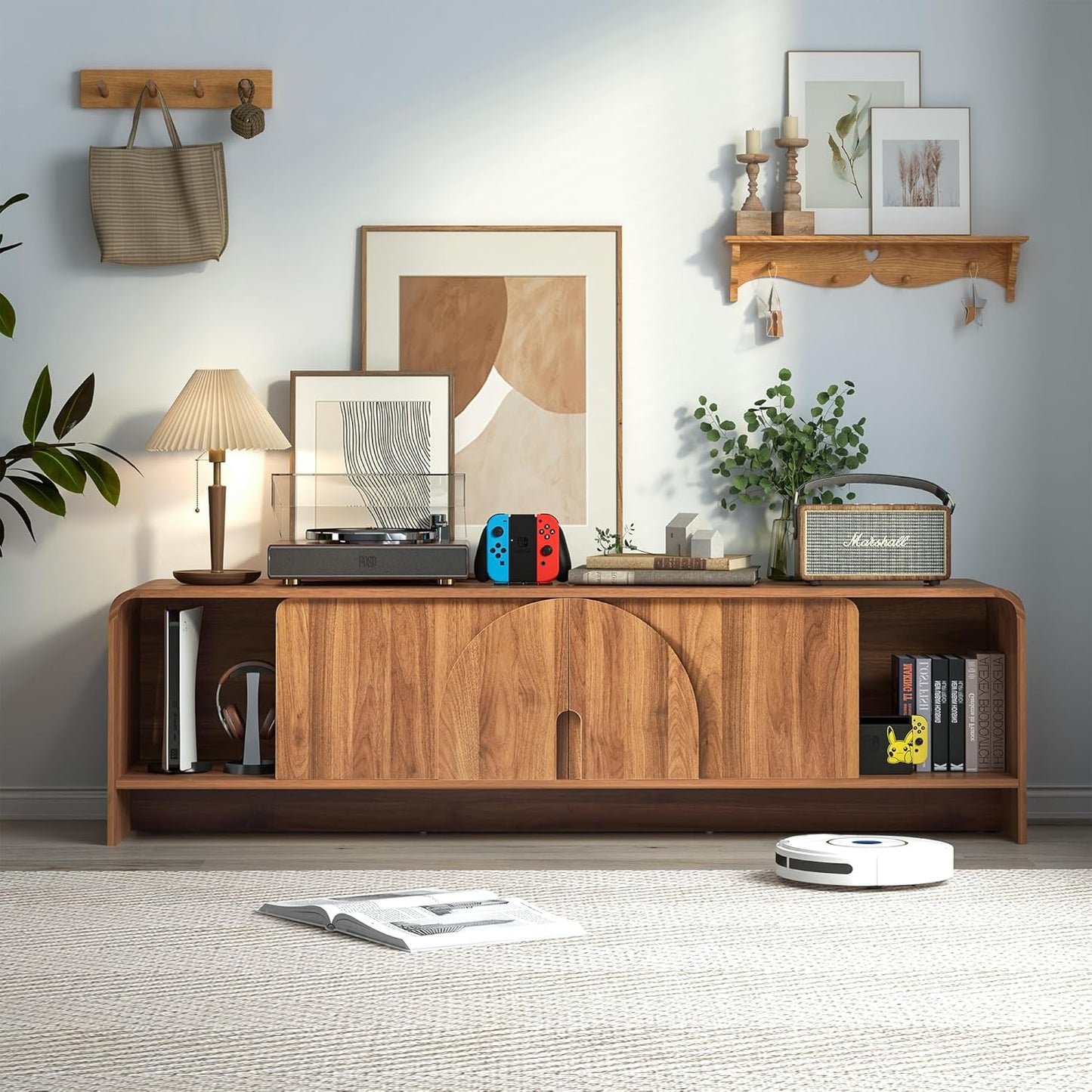 63'' TV Stand for up to 75" Tvs,Mcm TV Console Table with Big Arched Handle,Television Stands Entertainment Media Center with Sliding Door for Living Room Bedroom (Walnut)