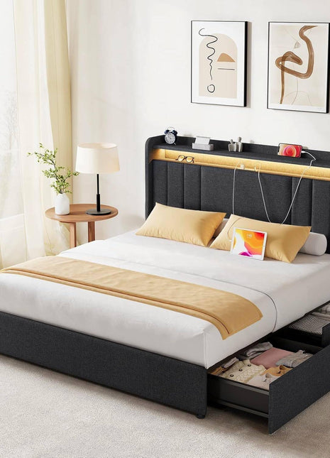 Queen Size Upholstered Bed Frame with 2-Tier Storage Headboard, Four Dustproof Drawers, 51'' Tall LED Platform Design, Adjustable Headboard, USB/Type-C Charging, and Side Storage in Grey