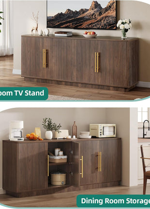 70-Inch Entertainment Center for TVs up to 80 Inches, Media Console with Four Fluted Doors and Generous Storage in Natural Oak Finish