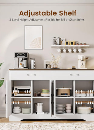 Modern 55.1-Inch Sideboard Buffet Cabinet with Storage, Drawers, and Doors for Kitchen and Living Room, White Wood Farmhouse Coffee Bar Table