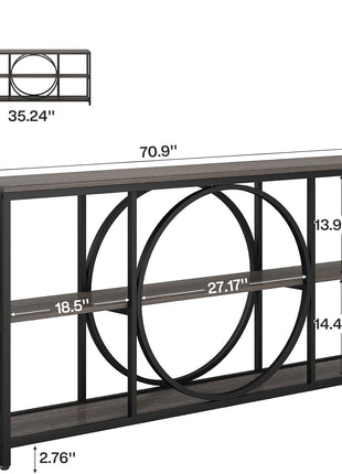 70.9-Inch Extra Long Narrow Console Table with Three-Tier Wooden Storage Shelves and Metal Frame for Entryway, Hallway, and Living Room - Black Rustic Gray