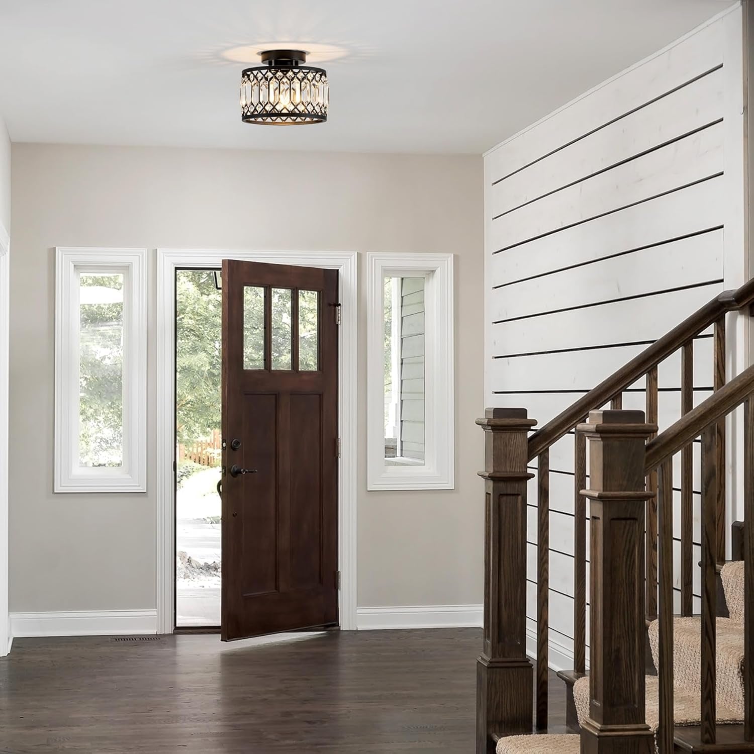 Crystal Ceiling Light, Black Flush Mount Ceiling Light Fixture, Flush Mount Chandelier, Light Fixture for Hallway, Entryway, Bathroom; Laundry Room, Kitchen, 1 Light, 9 Inch (Bulb NOT Included)